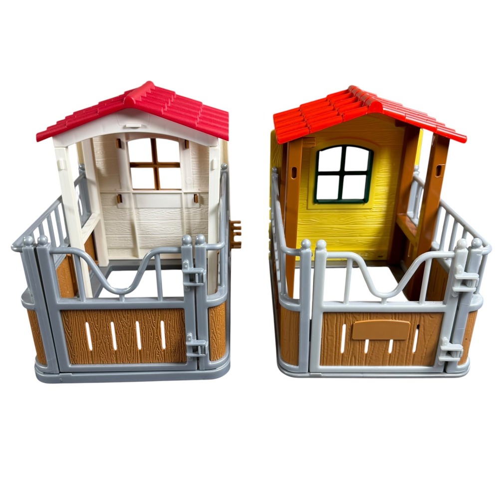 Schleich Horse Club Horse Stall Stable Lot of 2 Red Roof Yellow White
